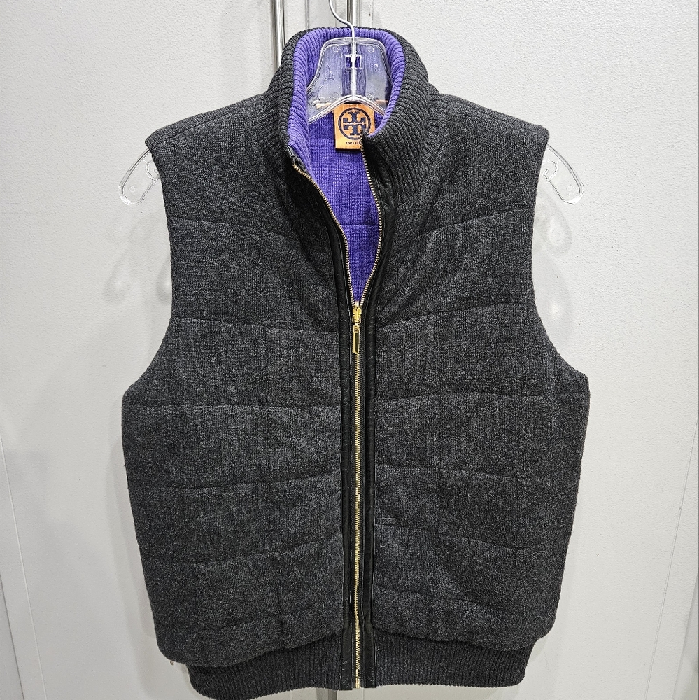 Tory Burch wool cashmier grey/purple full zip front genuine leather trim sz m